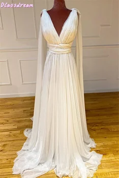 

Ivory Chiffon Prom Dress Sweep Train 2020 New Wraps Shoulder Deep V-neck Sleeveless A-line Simple Evening Dress вечерние платья