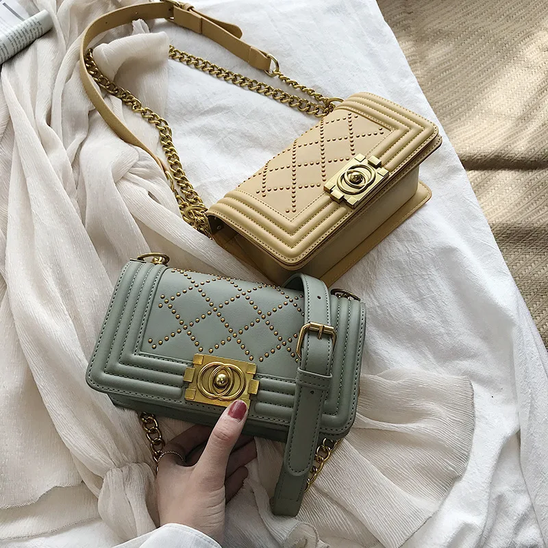 

New Style WOMEN'S Bag 2020 Korean-style Versitile Fashion Simple Rhombus Rivet Chain Shoulder Oblique Square Sling Bag