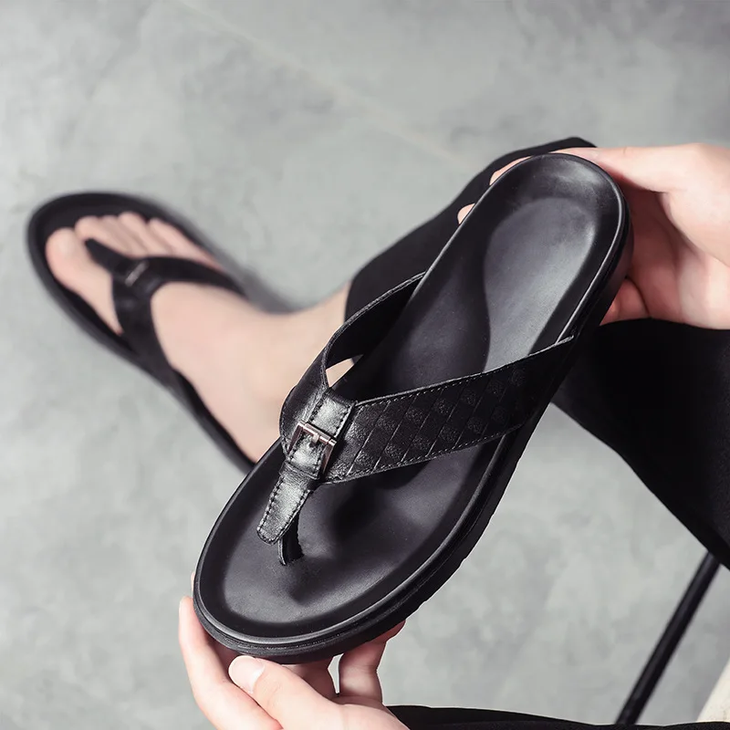 

Ozhouzhan Flip-flops Men's Slippers Genuine Leather Full-grain Leather Flip-flop Fashion Casual Korean-style Versatile England O