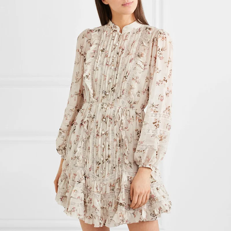 

KAMIYING Flower Print Vintage The Dress Women Stand Collar Long Sleeve High Waist Lace Up Ruffles Mini Dresses