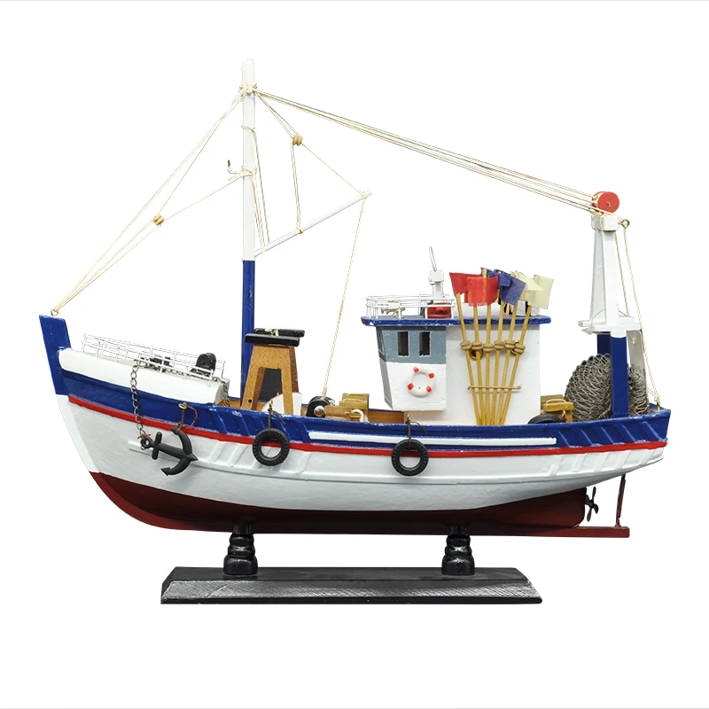 LUCKK New 38CM White Fishing Boat Ship Model 3D Wooden Assembly Sailboat Toys Home Decoration Accessories Modern Sailing Boats