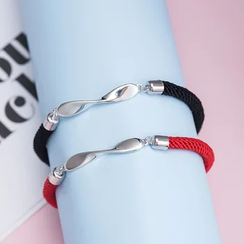 

Acecare S925 silver mobius black red rope couple bracelet two color optional mirror polished design jewelry