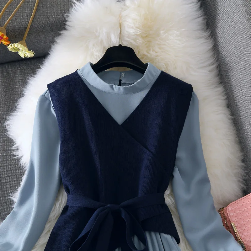 Autumn Winter Dress Suit Women Elegant Long Sleeve Knit Bodycon Mid-Calf Long Sweater Pleated Dress Set Casual Spring