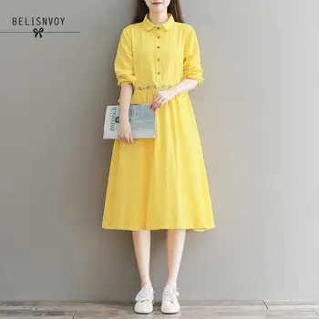 

Women Yellew Navy Blue Dress Spring Autumn Cotton Linen Embroidery Long Sleeve Vintage Dress Loose Vintage Robe Femme Vestidos