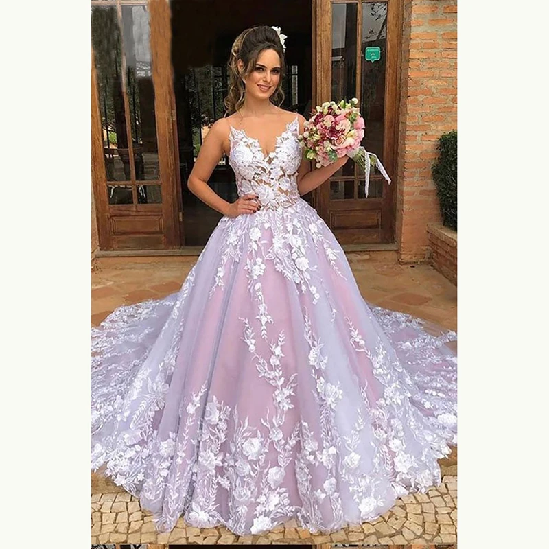 

High Fashion Lace Applique Ball Gown Bridal Wedding Gowns Plunge V Neckline Wedding Dresses for Bride Court Train Wholesale
