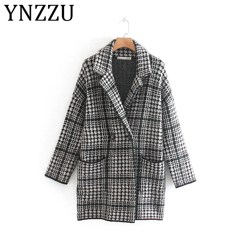 #^Special Price YNZZU 2019 Autumn Winter Vintage Plaid Wool Knitted Cardigan Women Turn Down Collar Pockets Long Loose Female Outwear Coat AT375
