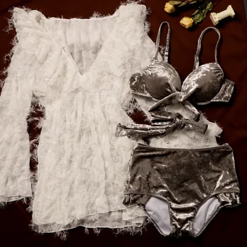 

Women Push Up Bikini Set Swimwear Bathing Suit Swimming Beachwear Biquinis Summer Sexy Underwire Swimsuit with White Cover Up