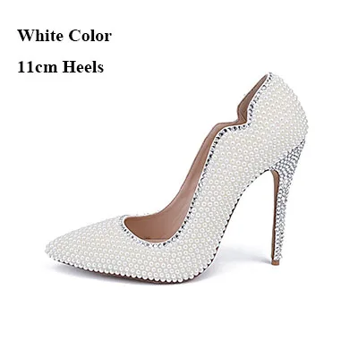 Женские вечерние модельные туфли; белые туфли подружки невесты с жемчугом; свадебные туфли на очень высоком каблуке 11 см; свадебные туфли-лодочки для взрослых и девушек - Цвет: White 11cm Heels