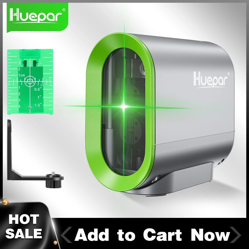 Huepar 2 lines Cross Line Laser Level Horizontal & Vertical Green Beam Self-leveling Pulse Mode with Rechargeable Li-ion Battery |