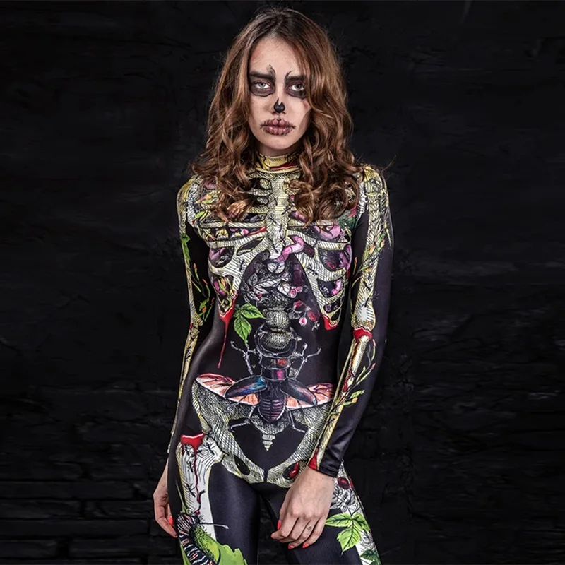 Human Skeleton Cosplay Romper Women Halloween One Piece Bodycon Jumpsuits 3D Halloween Skull Flowers Party Club Outfits Femme