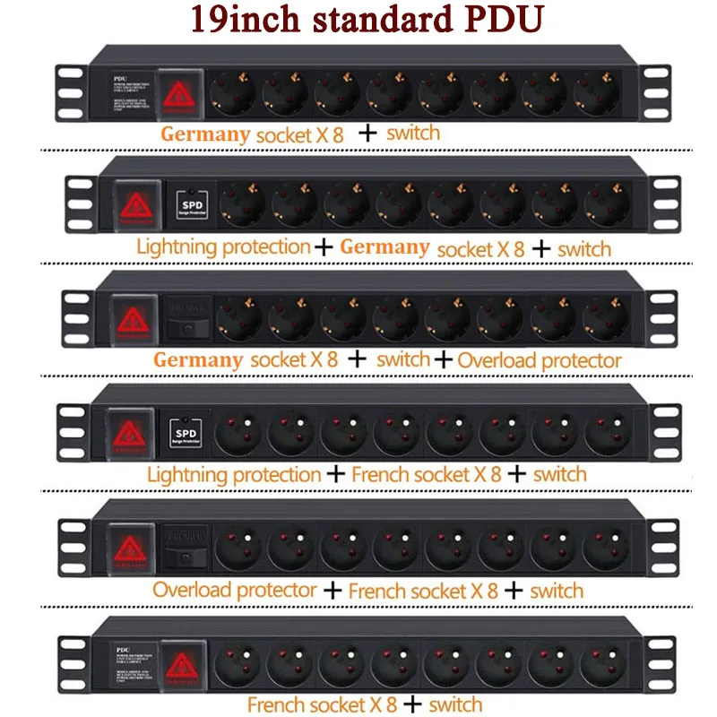 Gabinete Power Strip Alemão - Francês Soquete Sobrecarga Lightningproof Break Switch ue Iec320 C13 14 19 20 Plug 2m Cabo Pdu 8ac - Image 5