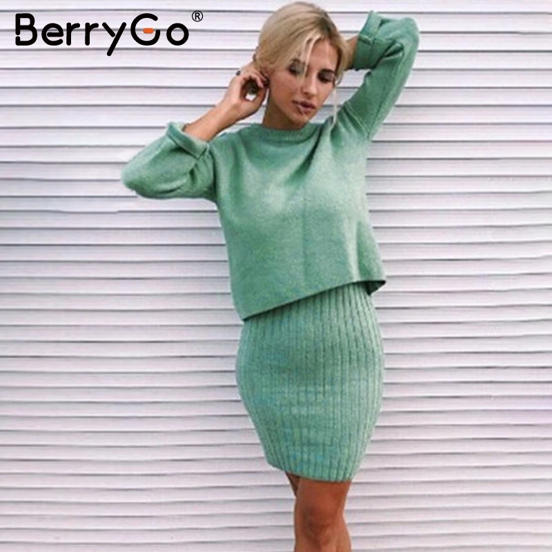 BerryGo элегантное женское платье из 2 предметов, трикотажное однотонное тонкое зимнее платье без рукавов, модная Женская Осенняя рабочая одежда, свитер, костюм