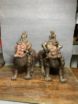 

Home Decor 12" Tibet Buddhism Temple Old Bronze Cinnabars Unicorn statue Monkey riding beast statue A pair of unicorns