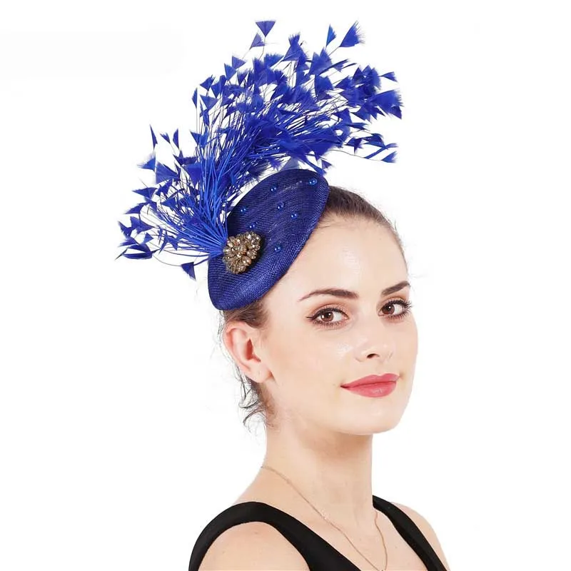 FS Vintage Blue Weddings Hat With Feather Headwear Ladies Elegant Fascinators Hats Big Flower Black Church Derby Red Hats 3