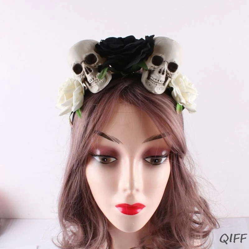 Женская повязка на голову на Хэллоуин с искусственными цветами розы и черепами, венок, гирлянда, Мексиканский День мертвых, обруч для волос, вечерние реквизиты
