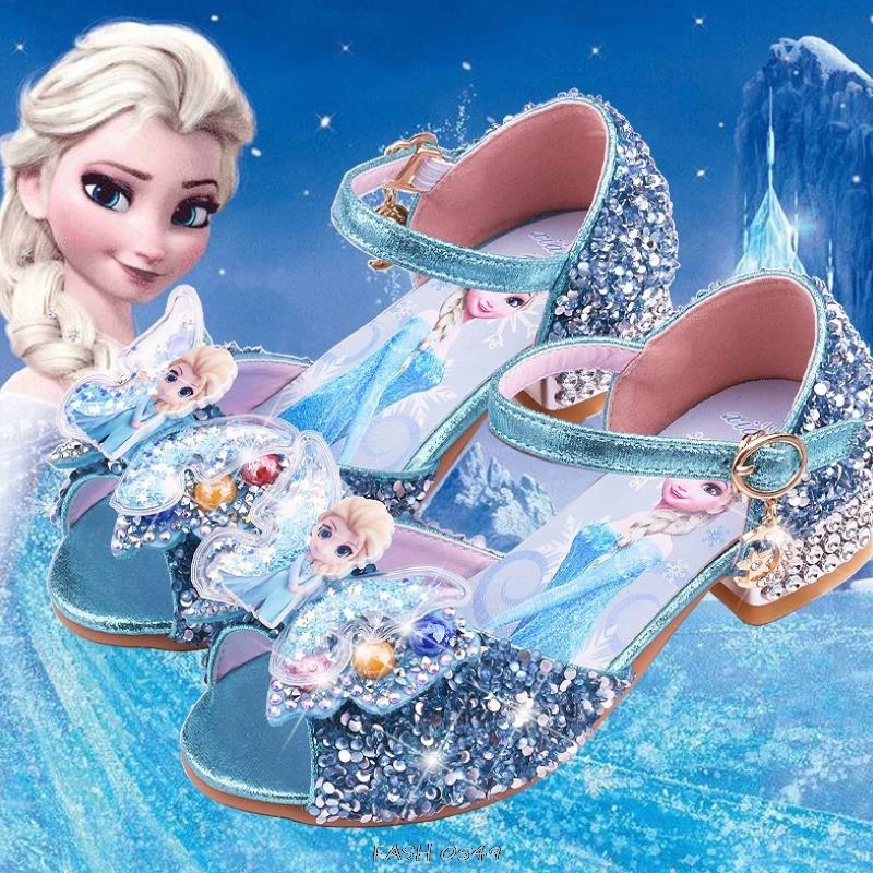 Disney Girls' Princess Sandals Shoes Children's Shoes Elsa Children's Shoes  Girls Fashion Baby Pink Blue High Heel Shoes Size