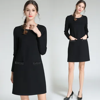 

Autumn Winter Fashion Ladies elegant dresses Beaded Long sleeve Office black dress vestidos Plus Size straight Jurken tunics 5XL