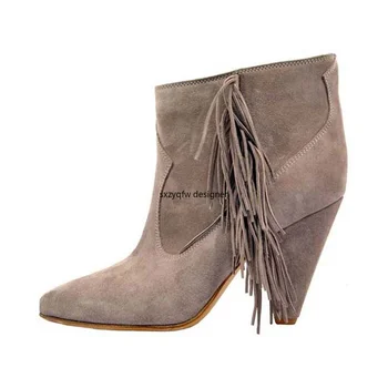 

Suede Spike Heels Tassel Decor Side Zipper Martin Boots Women Short Boots Feinge Pointed Toe Ankle Boots Microfiber Winter 2020