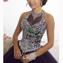 Vestidos de quinceaneras фиолетовый Холтер открытая спина, тюль кристаллы на заказ бальное платье со шлейфом сладкий 16