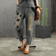 Женские модные брендовые винтажные рваные джинсы в Корейском стиле с вышивкой и эластичным поясом