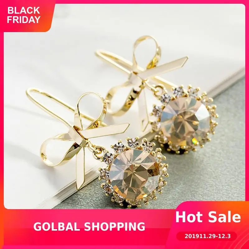 

Vintage Colored Glass Crystal Drop Earrings Brass Bow Dangle Earrings Gift for Mother Chic French Style Simple Earring