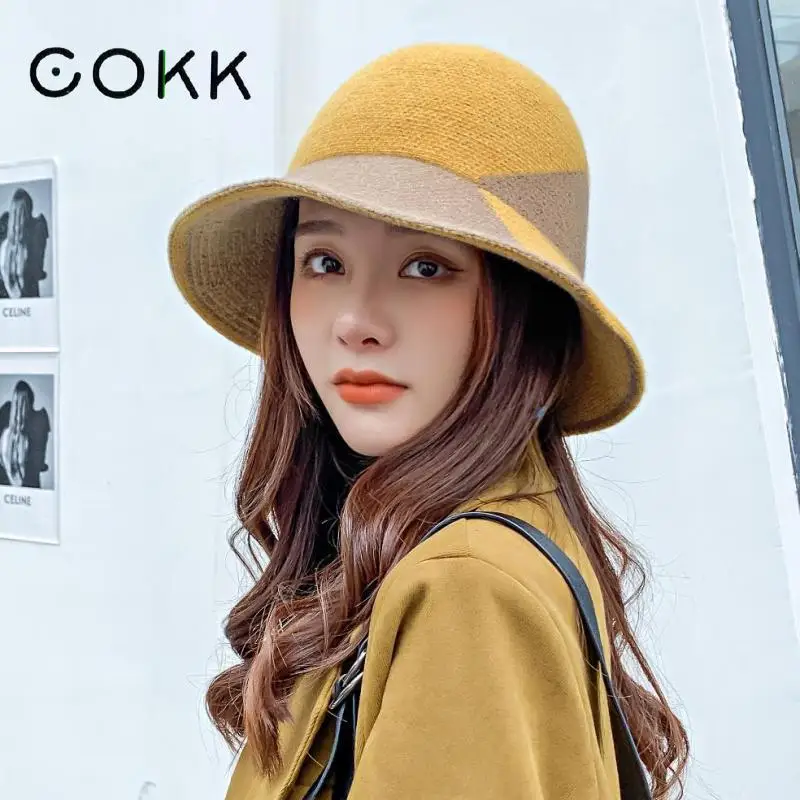 

COKK Bucket Hat Women Winter Wool Knitted Fisherman Hats Korean Stitching Color Bob Panama Cap Female Bonnet Femme Gorro New