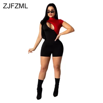 

Contrast Color Sexy Club Playsuit Women Short Sleeve Front Zipper Bandage One Piece Bodysuits Turtlenecks Bodycon Short Jumpsuit