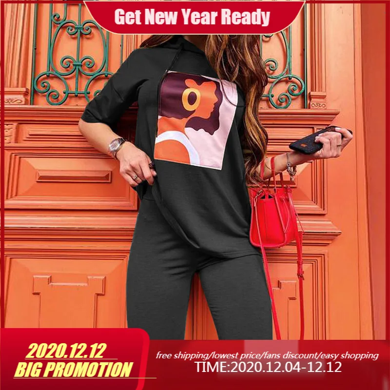 

Best Selling New Sweater Hoodie Short-Sleeved Cartoon Casual Women's T-shirt Five-Point Tight Pants Suit