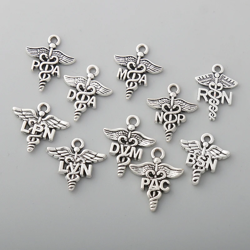 10pcs Alloy Caduceus Medical Symbol Mixed Charms BSN DA DVM MA NP