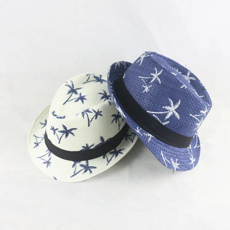 Beach Hat Women Sun Hat Adult / Child Linen Woven Jazz Straw Hat Men Women Coconut Tree Pattern Sun Hat Summer Beach Travel Sunscreen Ribbon U27