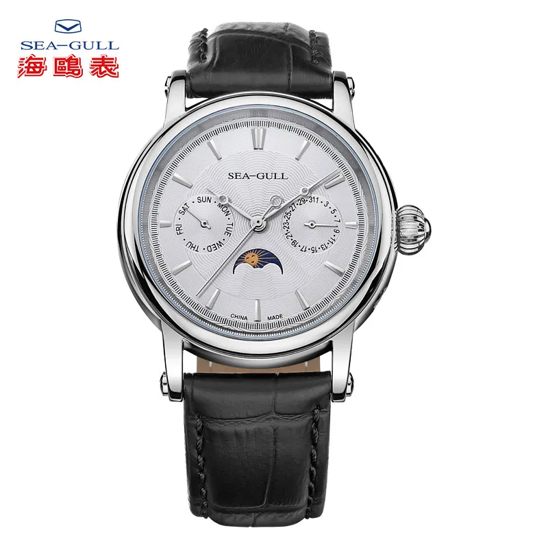 

Seagull Business Watches Men's Mechanical Wristwatches Week Calendar 30m Waterproof Leather Valentine Male WatchesD0721S