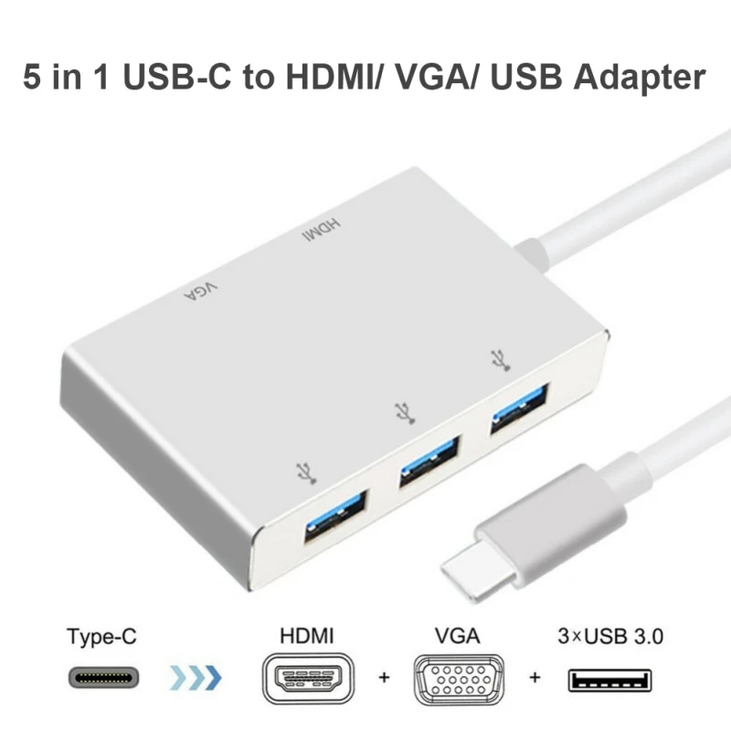 

5-in-1 Multi Functional Converter Type-C To HDMI VGA USB 3.0 Multi-port Plug-and-play Adapter Cable