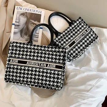 

Women's New Classic Houndstooth Design Tote Bag Brand Fashion Large Capacity Handbag High Quality Letter Shopping Casual Bag