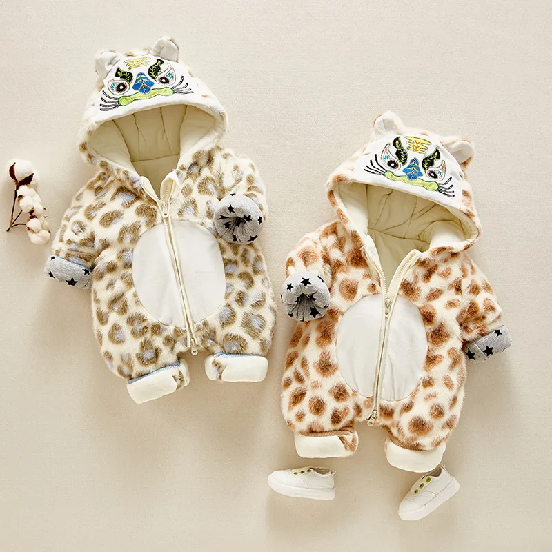 

HYLKIDHUOSE Winter Baby Boys Girls Jumpsuits Toddler Infant Newborn Rompers Warm Thicken Hooded Outdoor Leopard Child Kids Coats