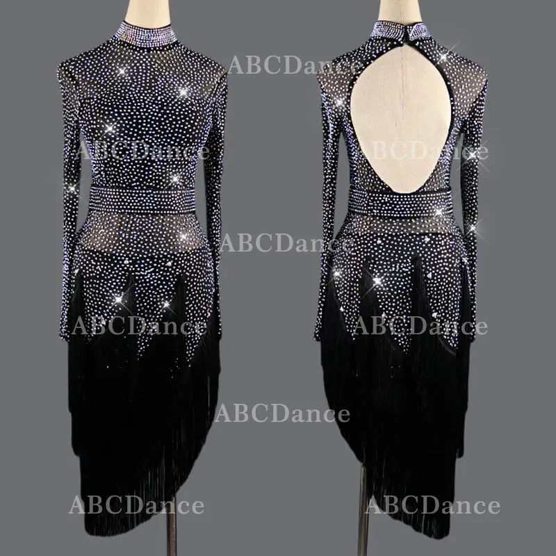 

Black full rhinestone latin dance dress tassel Ballroom Tango Cha Cha Samba Rumba Salsa Competition Performance Wear