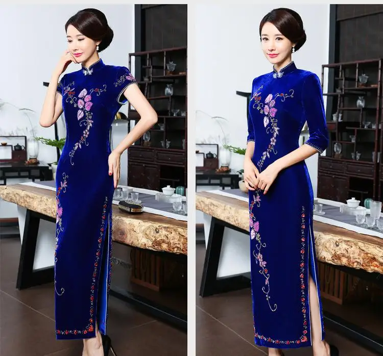 Традиционное женское китайское современное платье Qipao с воротником мандарина, винтажное платье на пуговицах, Сексуальная Вышивка, Cheongsam, бархатный цветок, Vestidos - Цвет: Blue Half Sleeve