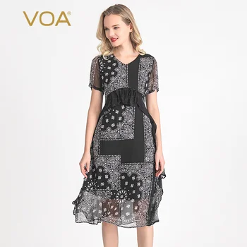 

VOA Silk Black-and-White Printing Silk Heart Neck Hollow Short Sleeve Hit Material Stereo Sheet Splicing Slim Dress AH66