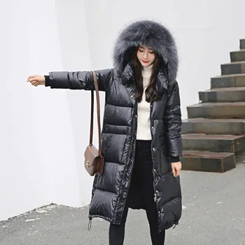 

Black Fur Collar Down Coat Women Thick Warm Parka Hooded White Duck Down Jackets Female Long Outerwear Winter Coat YRF09