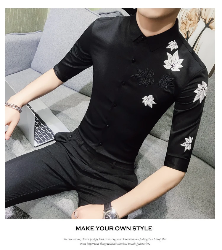 Мужская рубашка с вышивкой, высокое качество, Camisa Masculina Blcak, белая рубашка с коротким рукавом, рубашка для ночного клуба, Chemise Homme, уличная одежда