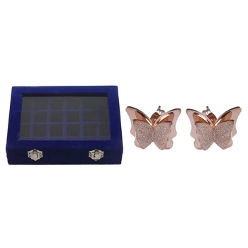 

24 Grid Display Box Jewelry Storage Blue with Earrings for Women Rose Gold Plated Frosted Earrings Studs