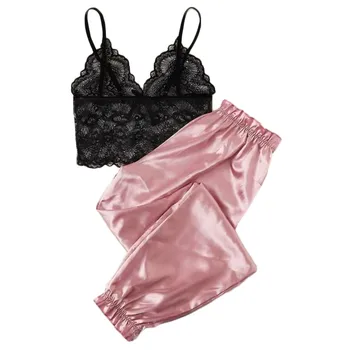 

Women's Sleepwear Sexy Satin Pajama Set Black Lace V-Neck Pyjamas Sleeveless Cute Cami Top pijama mujer #35
