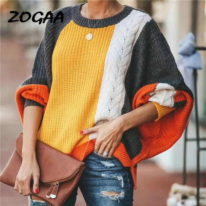 Женский пуловер в полоску ZOGAA свободный свитер стиле пэчворк с длинным рукавом