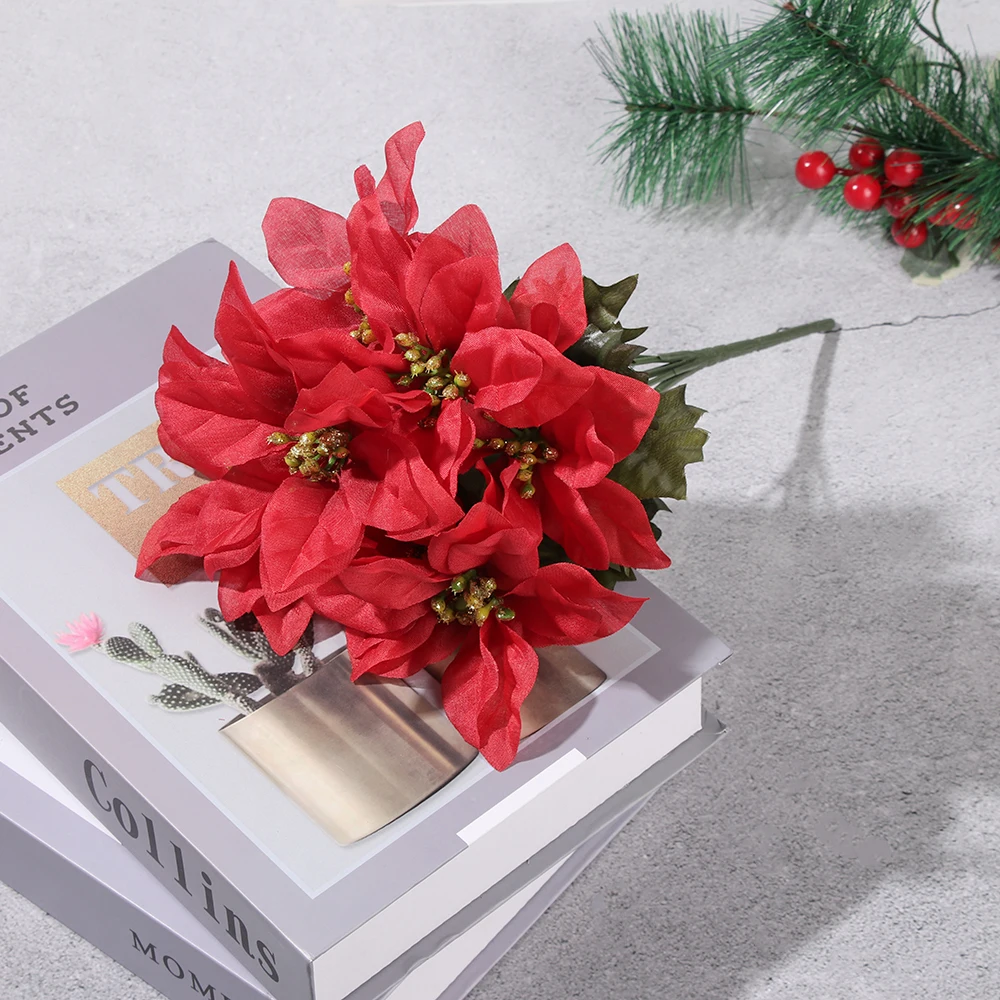 7 головок рождественской елки украшения в центре Настоящее прикосновение фланель Искусственные Рождественские цветы красный пуансеттия кусты букеты