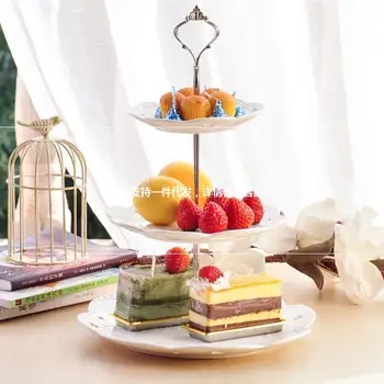 

European style ceramic cake plate lace relief three layer tray fruit wedding tray afternoon tea dry fruit snack rack