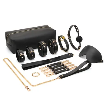 Genuine Leather BDSM Bondage Kits Sex Toys for Couples Handcuff Ankle Cuffs Collar Gag Hogtie Restraints SM Set Adult Love Games