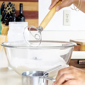 

13.5 Inch Dough Whisk Stainless Steel Bread Dough Whisk Wood Handle Flour Dough Stirrer Whisk Manual Mixer Tool K802