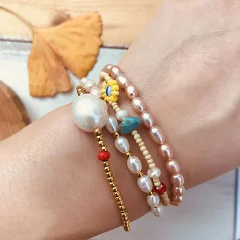 

Boho natural freshwater pearl bracelet women 2mm stainless steel gold color bead do not fade Baroque fashion jewelry bracelet