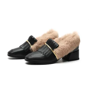 

Genuine leather high heels dress party shoes woman sexy fur women shoes office women pumps large size 41 42 43