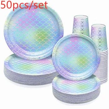 

50pcs/Set Mermaid Party Disposable Tableware Paper Plates Cups Paper Towel Kids Birthday Party Decoration Baby Shower Supplies
