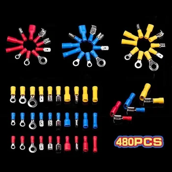 

480Pcs Spade/Ring/Bullet/Piggy Mixed Insulated Electrical Wire Connectors Crimp Terminals Back Crimping Terminal Assorted Kits